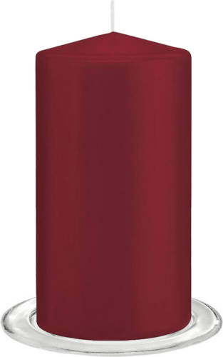 Trend Candles - Stompkaarsen Met Glazen Onderzetters Set Van 2x Stuks - Bordeaux Rood 8 X 15 Cm - Stompkaarsen