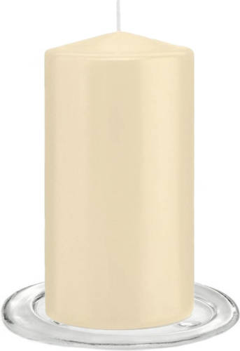 Trend Candles - Stompkaarsen Met Glazen Onderzetters Set Van 2x Stuks - Creme Wit 8 X 15 Cm - Stompkaarsen