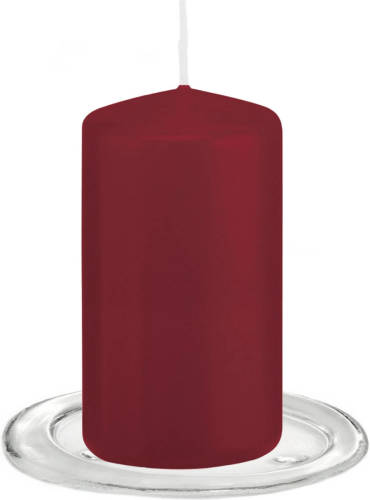 Trend Candles - Stompkaarsen Met Glazen Onderzetters Set Van 2x Stuks - Bordeaux Rood 6 X 12 Cm - Stompkaarsen