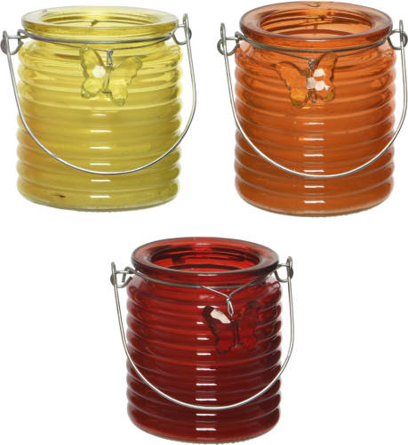 Decoris Set Van 3x Stuks Citronella Anti Muggen Kaarsen Windlicht Geel, Oranje En Rood 20 Branduren - Geurkaarsen