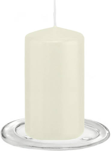 Trend Candles - Stompkaarsen Met Glazen Onderzetters Set Van 2x Stuks - Ivoor Wit 6 X 12 Cm - Stompkaarsen