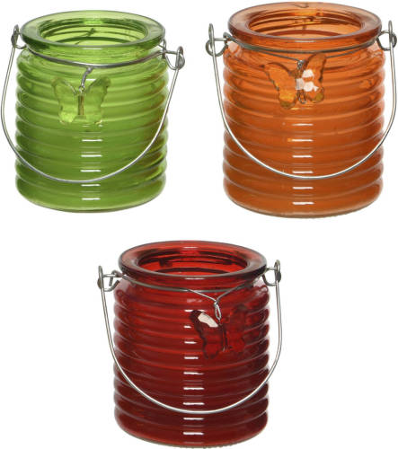 Decoris Set Van 3x Stuks Citronella Anti Muggen Kaarsen Windlicht Groen, Oranje En Rood 20 Branduren - Geurkaarsen