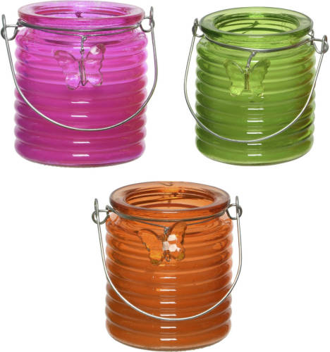 Decoris Set Van 3x Stuks Citronella Anti Muggen Kaarsen Windlicht Roze, Groen En Oranje 20 Branduren - Geurkaarsen