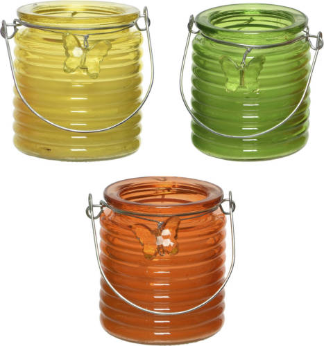 Decoris Set Van 3x Stuks Citronella Anti Muggen Kaarsen Windlicht Geel, Groen En Oranje 20 Branduren - Geurkaarsen