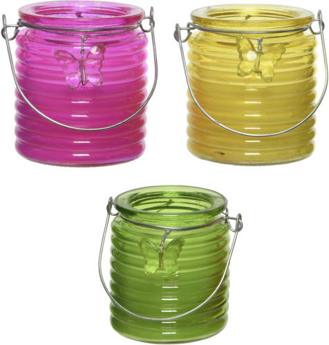 Decoris Set Van 3x Stuks Citronella Anti Muggen Kaarsen Windlicht Roze, Geel En Groen 20 Branduren - Geurkaarsen