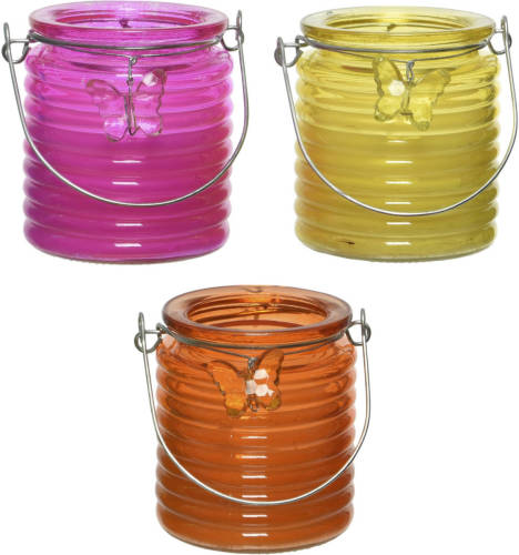 Decoris Set Van 3x Stuks Citronella Anti Muggen Kaarsen Windlicht Roze, Geel En Oranje 20 Branduren - Geurkaarsen