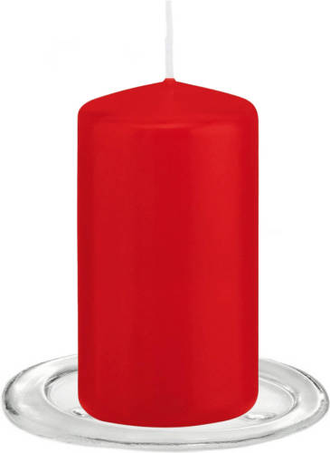 Trend Candles - Stompkaarsen Met Glazen Onderzetters Set Van 2x Stuks - Rood 6 X 12 Cm - Stompkaarsen