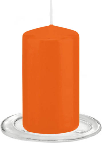 Trend Candles - Stompkaarsen Met Glazen Onderzetters Set Van 2x Stuks - Oranje 6 X 12 Cm - Stompkaarsen