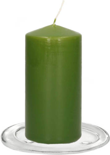 Trend Candles - Stompkaarsen Met Glazen Onderzetters Set Van 2x Stuks - Olijfgroen 6 X 12 Cm - Stompkaarsen