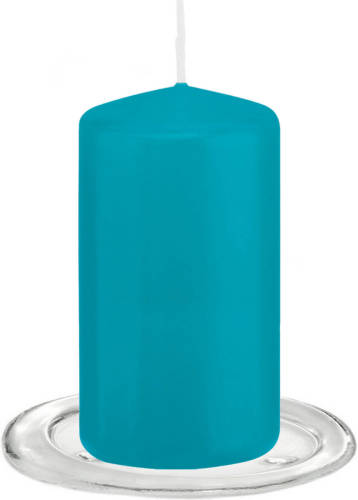 Trend Candles - Stompkaarsen Met Glazen Onderzetters Set Van 2x Stuks - Turquoise Blauw 6 X 12 Cm - Stompkaarsen