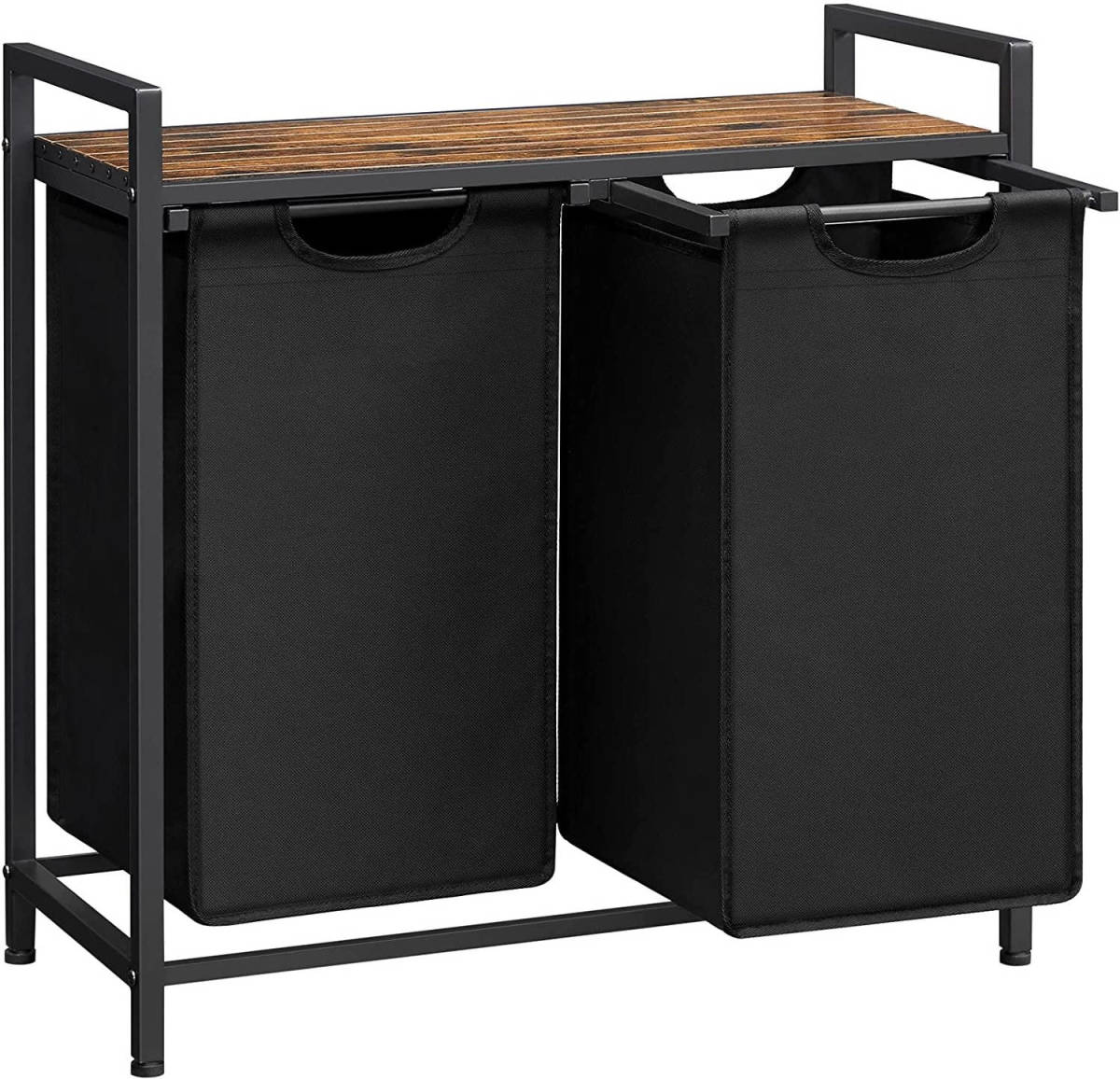 O'Daddy Wasmand 2 Vakken - Uitschuifbare Wassorteerder Met Plank - 73 X 33 X 72 Cm - Metaal - Zwart Met Bruin