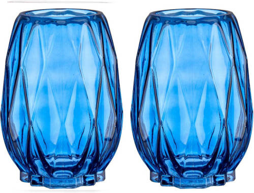 Giftdeco Bloemenvazen 2x Stuks - Luxe Decoratie Glas - Blauw - 13 X 19 Cm - Vazen