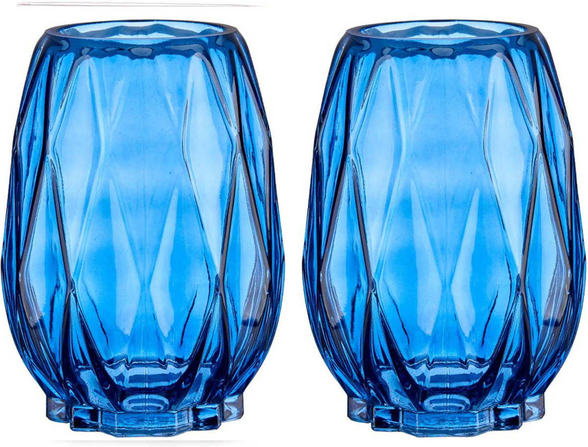 Giftdeco Bloemenvazen 2x Stuks - Luxe Decoratie Glas - Blauw - 13 X 19 Cm - Vazen