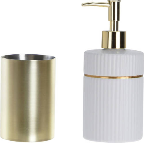 Items Badkamer Accessoires Setje Drinkbeker En Zeeppompje 19 Cm Wit/goud - Zeeppompjes