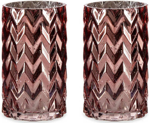 Giftdeco Bloemenvazen 2x Stuks - Luxe Decoratie Glas - Roze - 11 X 20 Cm - Vazen
