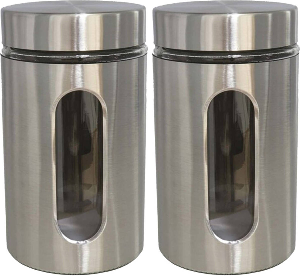 Gerim 2x Stuks Voedsel Bewaren Keuken Voorraad Pot - Zilver Metaal - Deksel - 1000 Ml - Voorraadpot