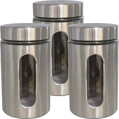 Gerim 3x Stuks Voedsel Bewaren Keuken Voorraad Pot - Zilver Metaal - Deksel - 1000 Ml - Voorraadpot