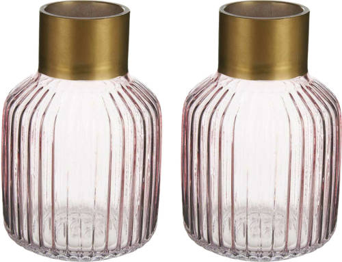 Giftdeco Bloemenvazen 2x Stuks - Luxe Decoratie Glas - Roze/goud - 12 X 18 Cm - Vazen