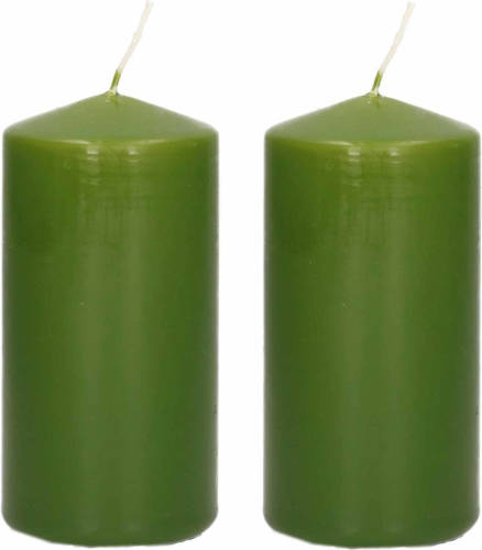 Trend Candles 2x Stuks Luxe Stompkaars/cilinderkaars - 6x12 Cm - 40 Branduur - Olijfgroen - Stompkaarsen