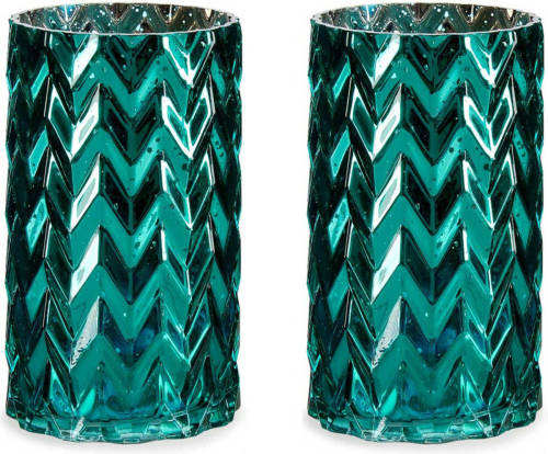 Giftdeco Bloemenvazen 2x Stuks - Luxe Decoratie Glas - Turquoise Blauw - 11 X 20 Cm - Vazen