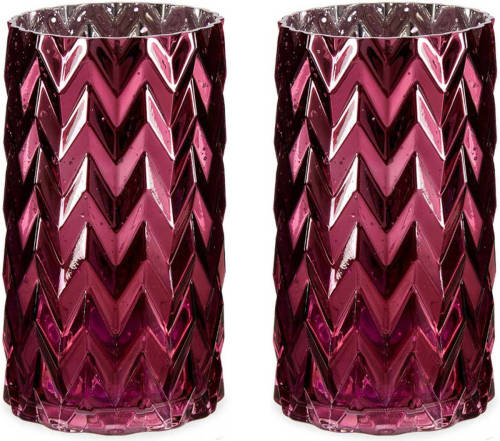Giftdeco Bloemenvazen 2x Stuks - Luxe Decoratie Glas - Donkerroze - 11 X 20 Cm - Vazen