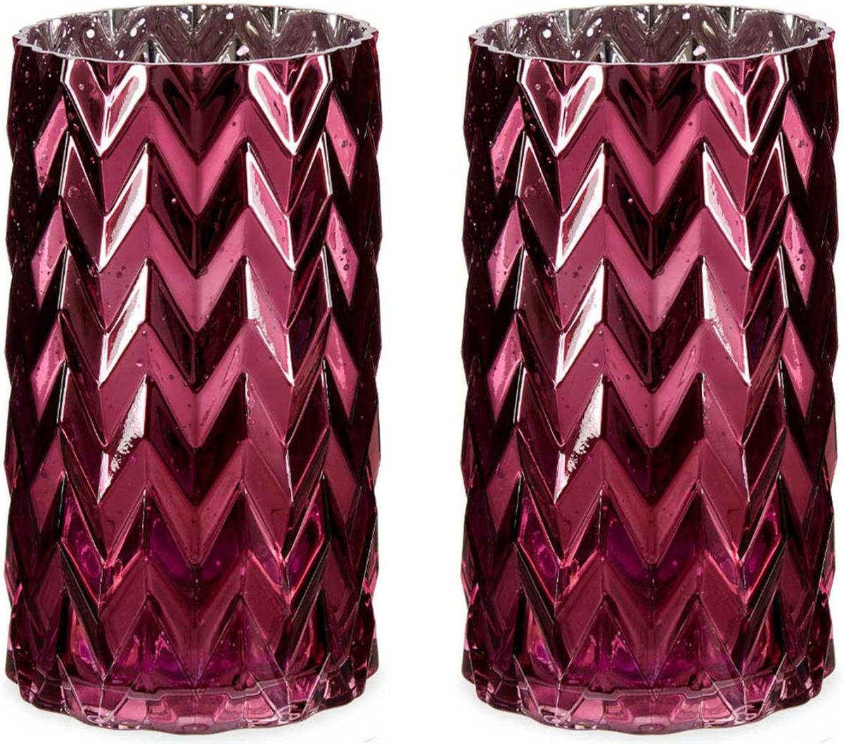 Giftdeco Bloemenvazen 2x Stuks - Luxe Decoratie Glas - Donkerroze - 11 X 20 Cm - Vazen