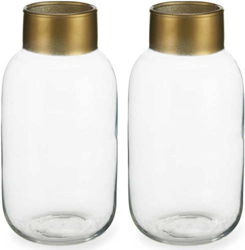 Giftdeco Bloemenvazen 2x Stuks - Luxe Decoratie Glas - Transparant/goud - 14 X 30 Cm - Vazen