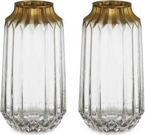 Giftdeco Bloemenvazen 2x Stuks - Luxe Decoratie Glas - Transparant/goud - 13 X 23 Cm - Vazen
