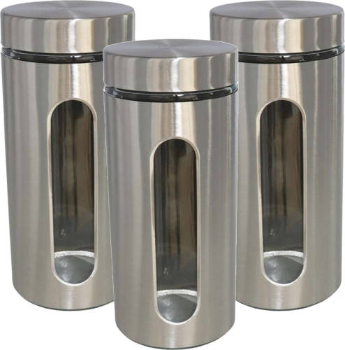 Gerim 3x Stuks Voedsel Bewaren Keuken Voorraad Pot - Zilver Metaal - Deksel - 1300 Ml - Voorraadpot
