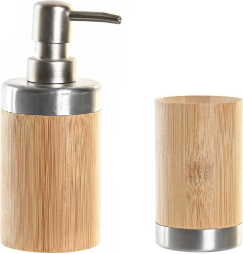 Items Badkamer Accessoires Setje Drinkbeker En Zeeppompje 17 Cm Bamboe/zilver - Zeeppompjes