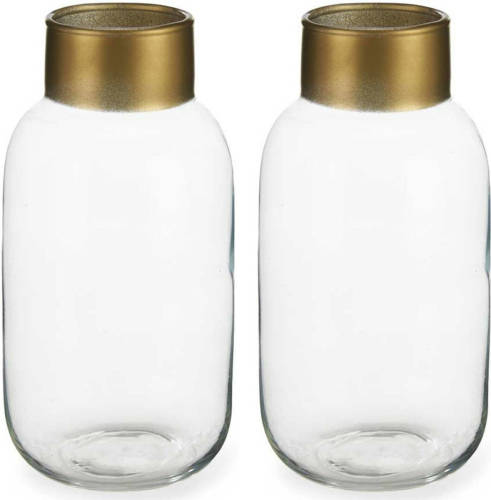 Giftdeco Bloemenvazen 2x Stuks - Luxe Decoratie Glas - Transparant/goud - 12 X 24 Cm - Vazen