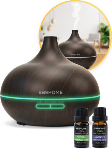 2BEHOME Aroma Diffuser 550ml Met Afstandsbediening + 2 Gratis Etherische Olie - Donkere Houtlook - 7 Led Kleuren