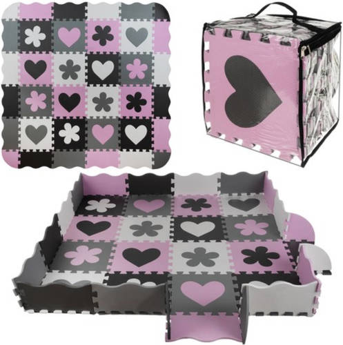Iso Trade 36-delige Foam Puzzelmat Voor Baby's En Kinderen - Speelkleed - Speeltegels - Met Rand - Zwart/roze