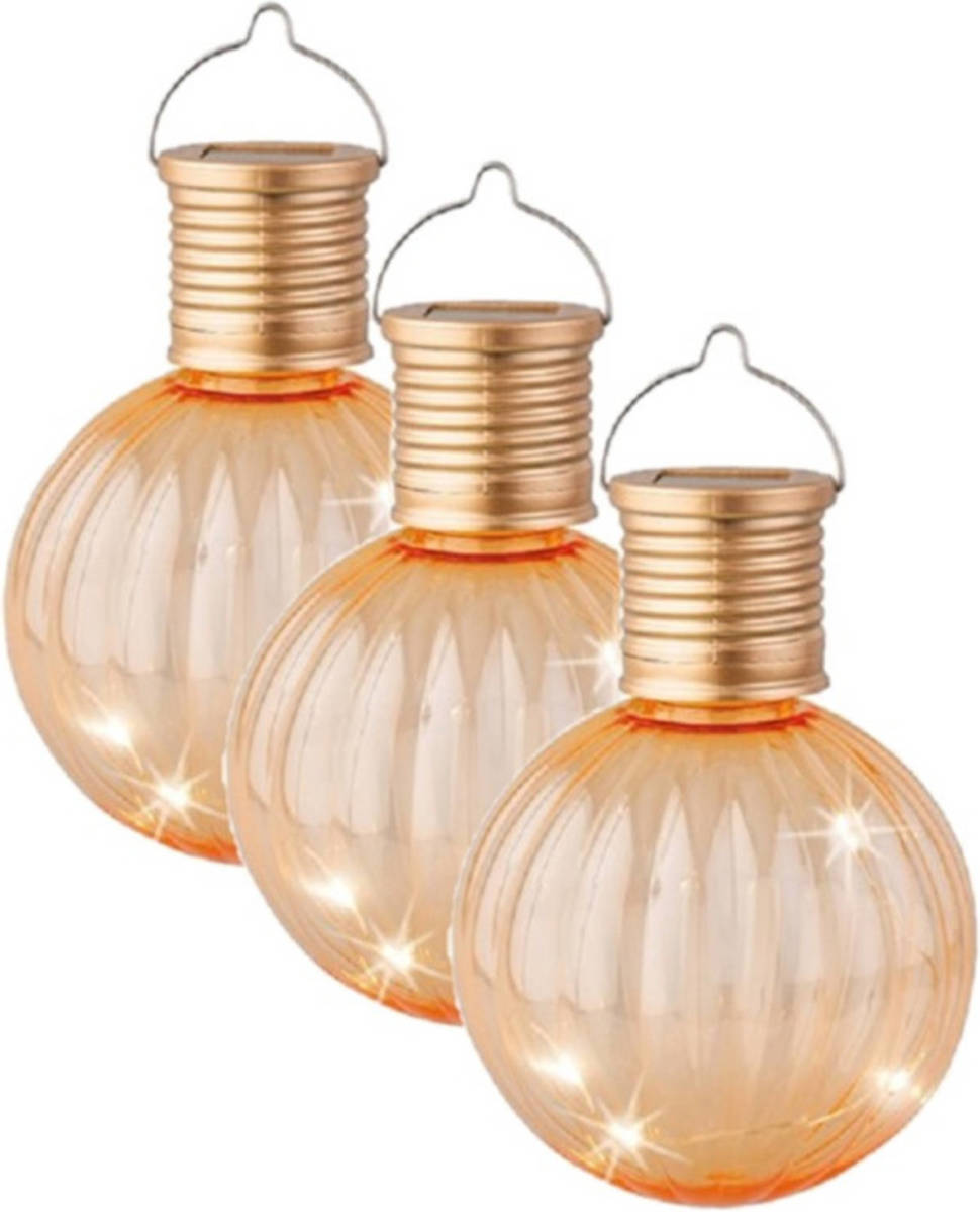 Lumineo 3x Buiten Led Oranje Lampion Solar Verlichting 11 Cm - Lampionnen