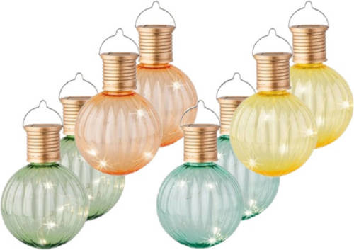 Lumineo Set Van 12x Stuks Buiten Led Lichtgroene, Turquoise, Oranje En Gele Lampion Solar Verlichting 11 Cm - Lampionnen