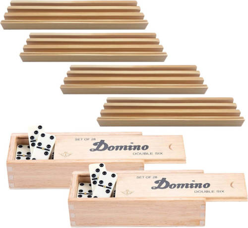 Engelhart 4x Dominostenenhouder Met 2x Domino Spel In Houten Doos 56x Stenen - Speelkaarthouders