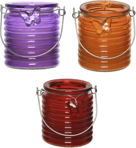 Decoris Set Van 3x Stuks Citronella Anti Muggen Kaarsen Windlicht Paars, Oranje En Rood 20 Branduren - Geurkaarsen