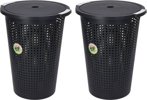 Bathroom Solutions 2x Stuks Wasmanden Met Deksel - 35 Liter - Antraciet - Kunststof - Wasmanden