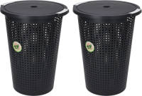 Bathroom Solutions 2x Stuks Wasmanden Met Deksel - 35 Liter - Antraciet - Kunststof - Wasmanden