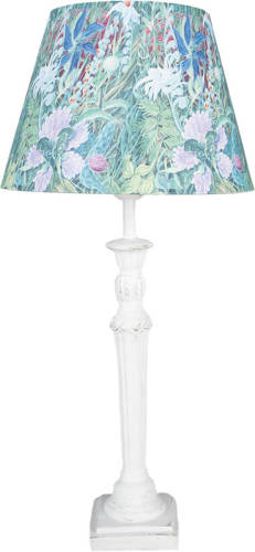 Clayre & Eef Tafellamp Ø 24x52 Cm Wit Groen Kunststof Rond Bloemen Bureaulamp Wit Bureaulamp