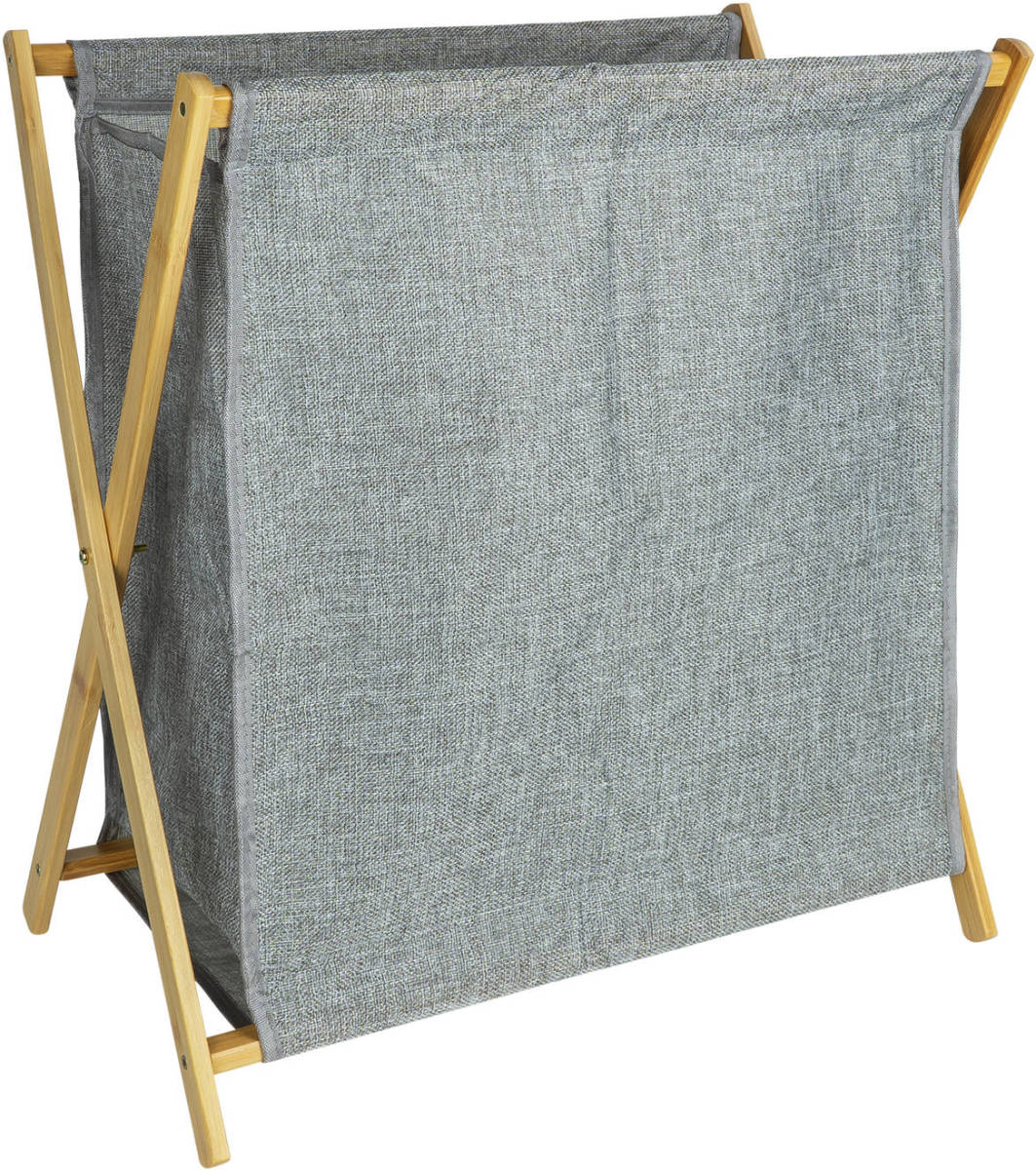 QUVIO Wasmand Met Houten Frame - 52 X 30 X 57 Cm - Grijs