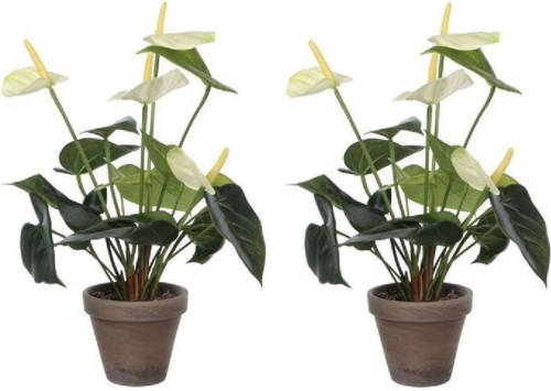 Mica Decorations 2x Kunstplanten Anthurium Wit In Grijze Pot 27 Cm - Kunstplanten