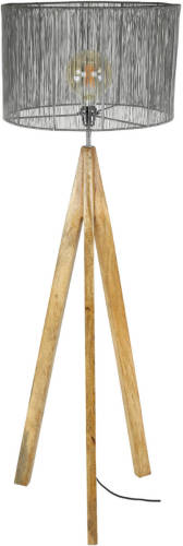 Hoyz - Vloerlamp Tripod Wood - Zwart Nikkel - Industrieel - 40x40x130