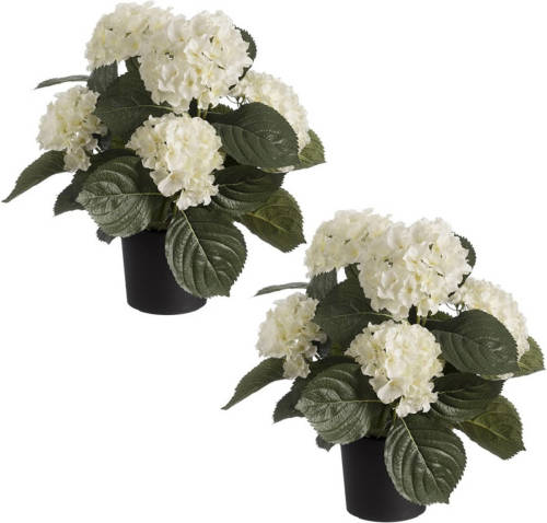 Shoppartners Set Van 2x Stuks Witte Hortensia Hydrangea Kunstplanten In Zwarte Kunststof Pot 44 Cm - Kunstplanten