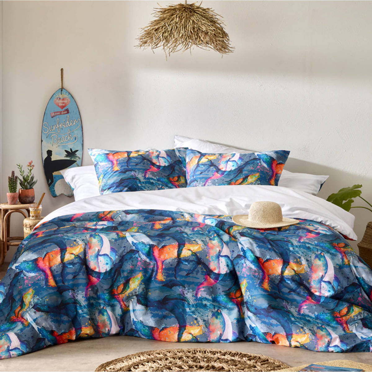 SimbaShop De Witte Lietaer Dekbedovertrek Whales Deep Blue - Eenpersoons - 140 X 200/220 - Katoen Perkal