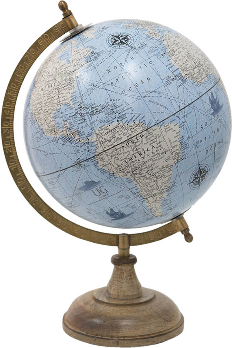 Clayre & Eef Wereldbol 22x33 Cm Blauw Hout Metaal Globe Aardbol Woonaccessoires Blauw Globe Aardbol