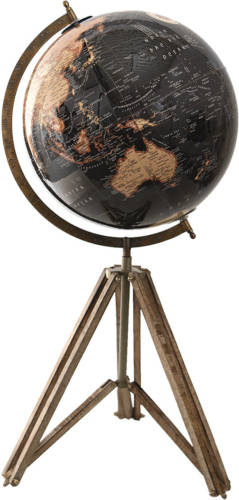 Clayre & Eef Wereldbol 31x31x67 Cm Zwart Hout Metaal Globe Aardbol Woonaccessoires Zwart Globe Aardbol
