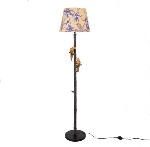 Clayre & Eef Vloerlamp Ø 37x165 Cm Zwart Goudkleurig Metaal Textiel Papegaai Staande Lamp Woonaccessoires