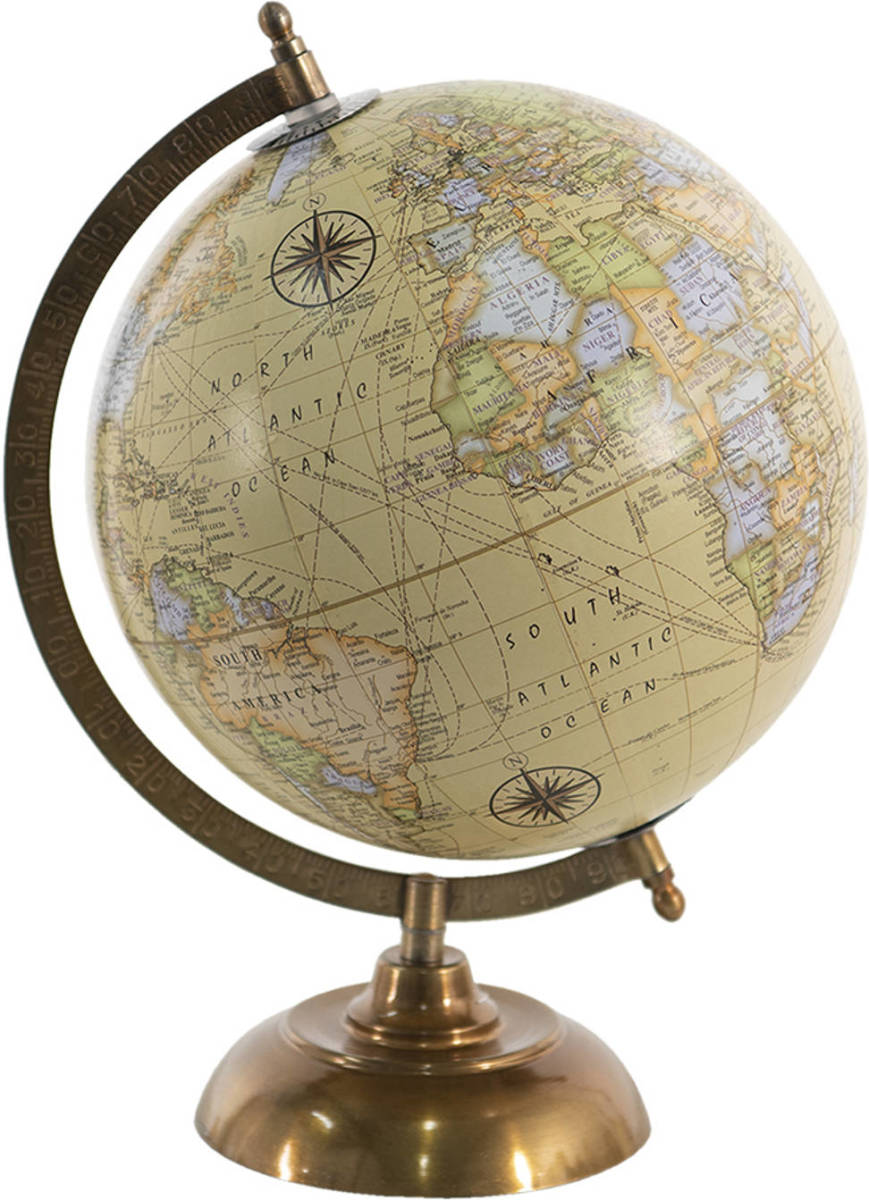 Clayre & Eef Wereldbol 22x22x33 Cm Geel Hout Globe Aardbol Woonaccessoires Geel Globe Aardbol