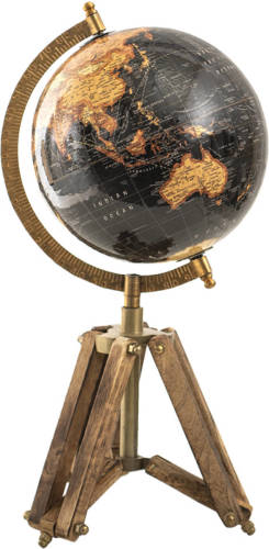 Clayre & Eef Wereldbol 18x16x26 Cm Zwart Hout Metaal Globe Aardbol Woonaccessoires Zwart Globe Aardbol